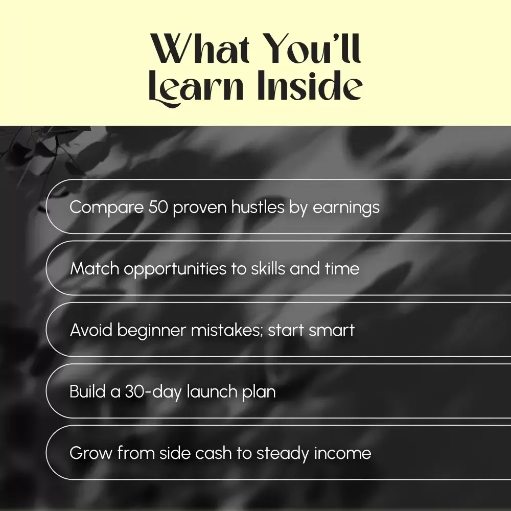 Best Side Hustles 2025 – key takeaways from the PDF guide including earnings, skills, and launch plan