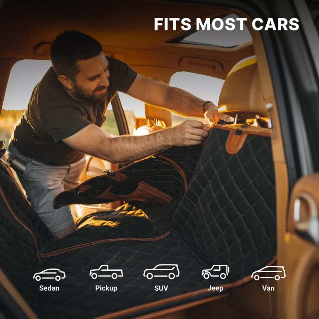 Car Dog Hammock installation showing secure fit across sedan, SUV, pickup, and van backseats