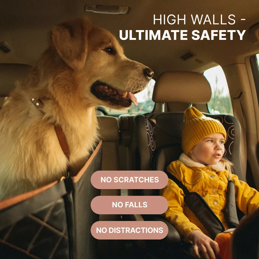 Large dog and child safely separated by high-wall Car Dog Hammock barrier during car travel