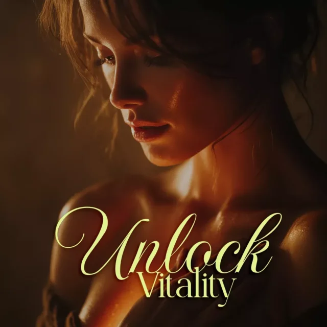 Serene woman bathed in warm light with “Unlock Vitality” text overlay, symbolizing inner wellness and energy.