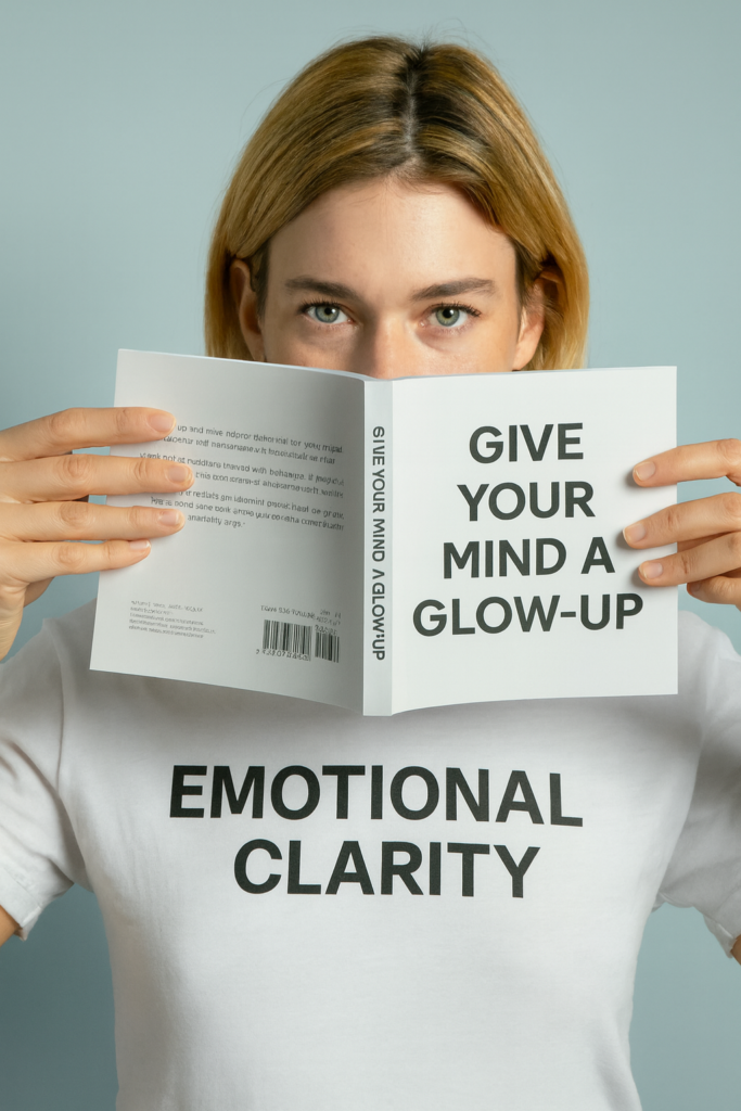 A person with light hair looks directly at the camera while holding an open book that reads “Give Your Mind a Glow-Up,” with the book covering the lower half of their face. They are wearing a white T-shirt with the words “Emotional Clarity” printed on it against a plain, light-colored background.