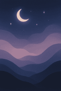Abstract night illustration with crescent moon, stars, and flowing hills in calming blue and purple tones — visualizing peaceful sleep and insomnia relief.