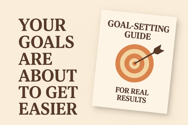 Minimalist workspace with a glowing target and planner titled Goal-Setting Guide for Real Results, symbolizing clarity and ease in achieving goals.