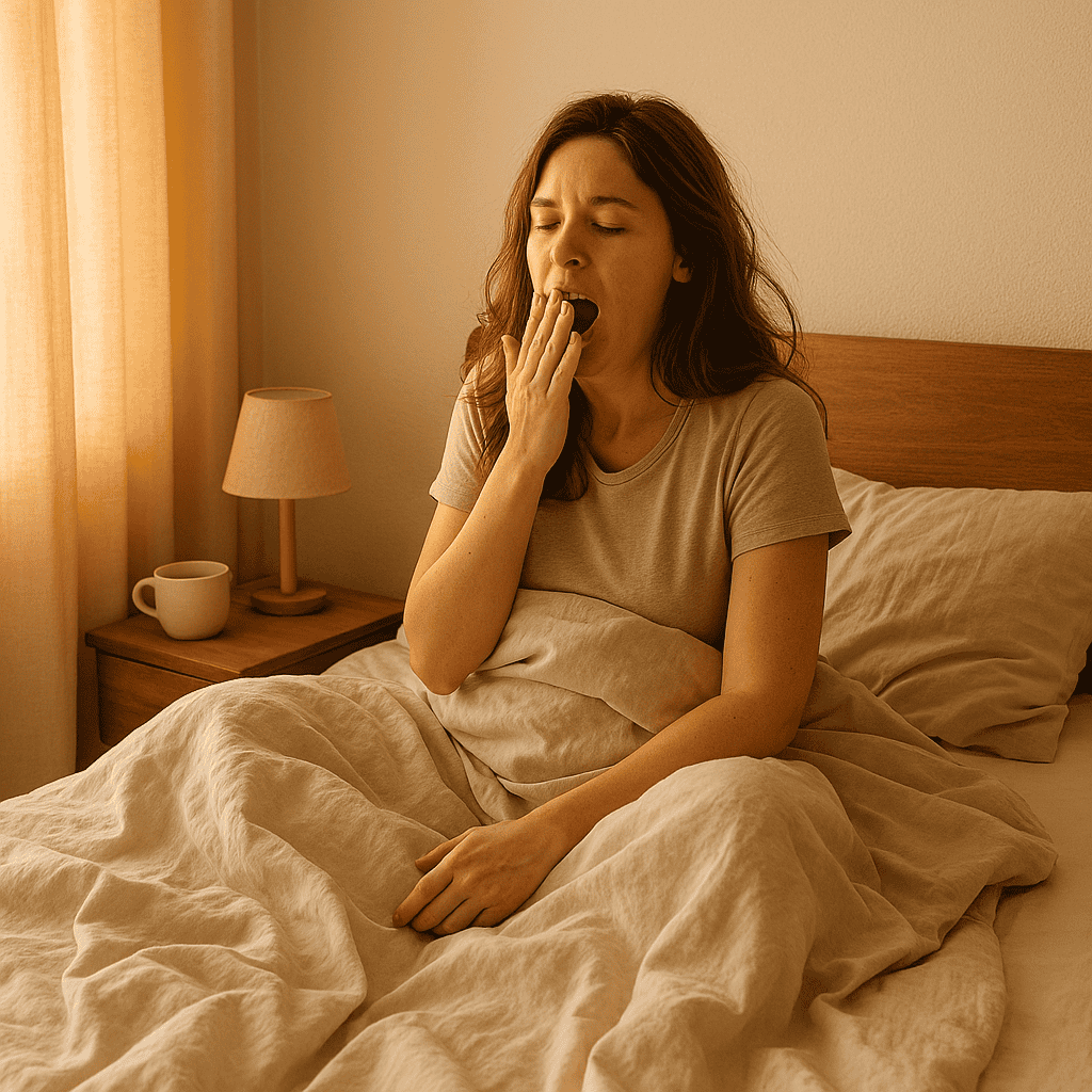 Sleepy woman yawning in a cozy beige bedroom with soft morning light, warm blankets, and a relaxed Saturday vibe.