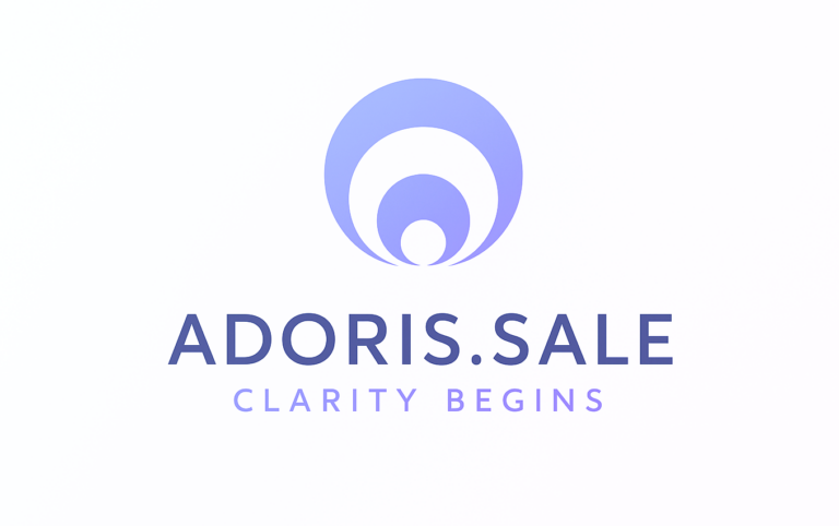 Adoris.sale logo with a purple gradient ripple symbol and the tagline ‘Clarity Begins’.
